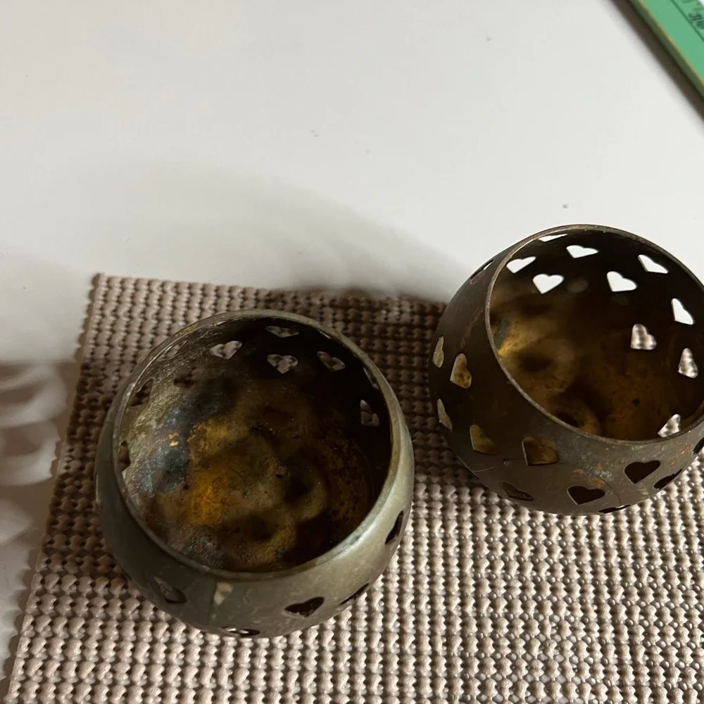 Vintage Brass Heart Cutout Votive Candle Holder Set Aged Patina Globe Rustic